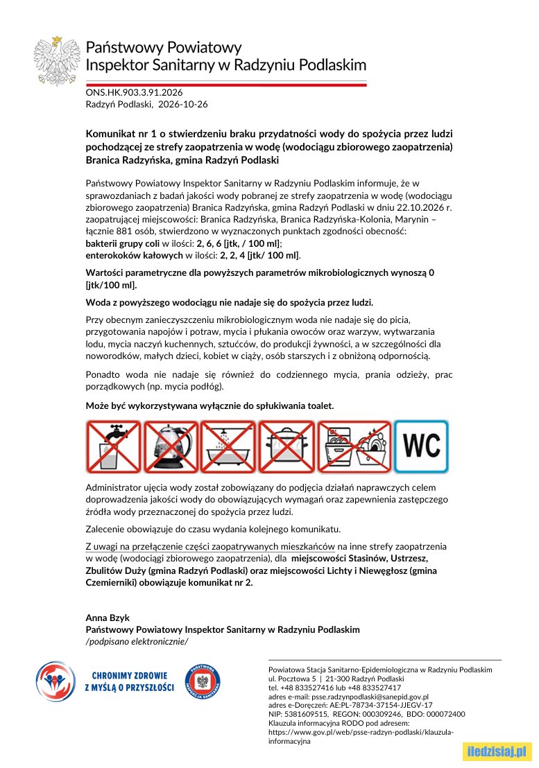 Pilny komunikat PPIS w Radzyniu Podlaskim: Zanieczyszczenie wody w wodociągu Branica Radzyńska - Powiat Radzyński